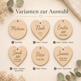 Holzanhänger personalisiert graviert | Platzkarten Hochzeit Holz rund & Herz 5 cm | Namensanhänger Tischkarten | Gastgeschenk Anhänger