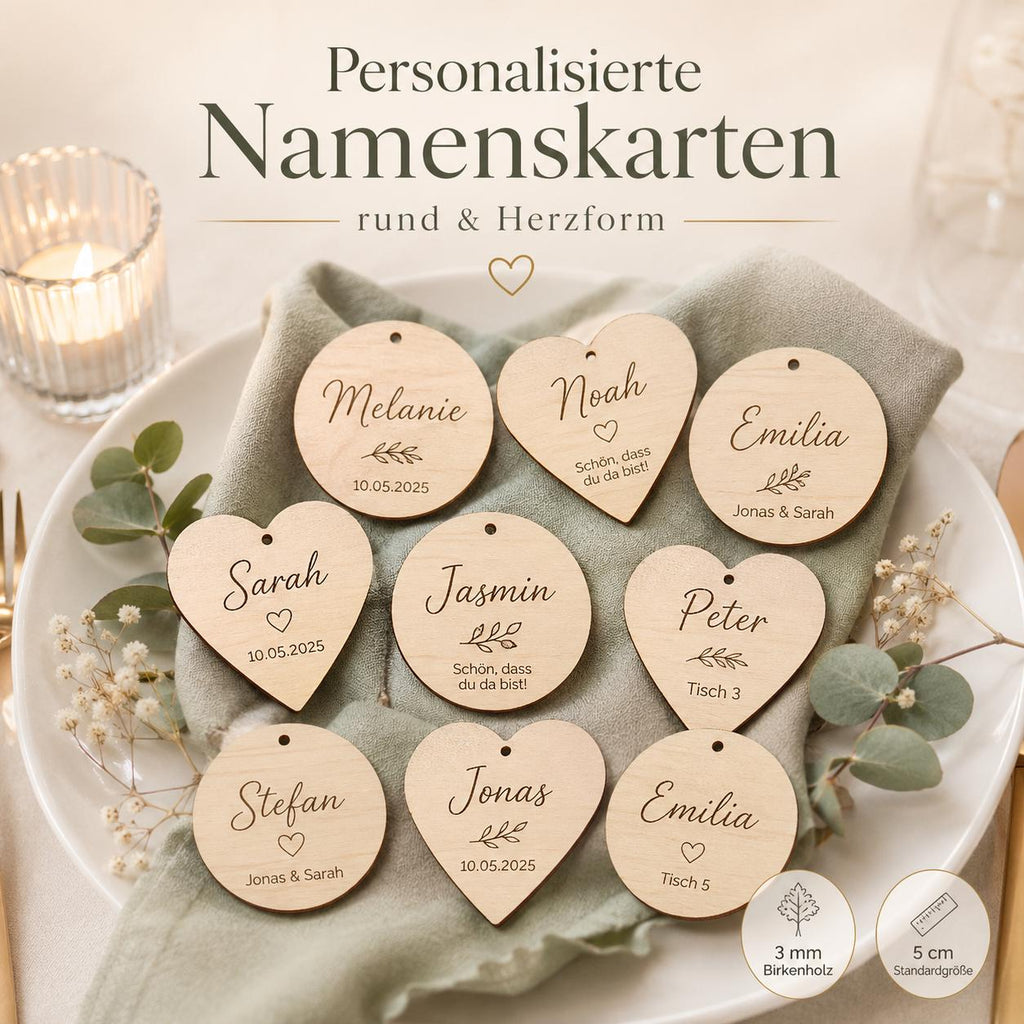 Holzanhänger personalisiert graviert | Platzkarten Hochzeit Holz rund & Herz 5 cm | Namensanhänger Tischkarten | Gastgeschenk Anhänger