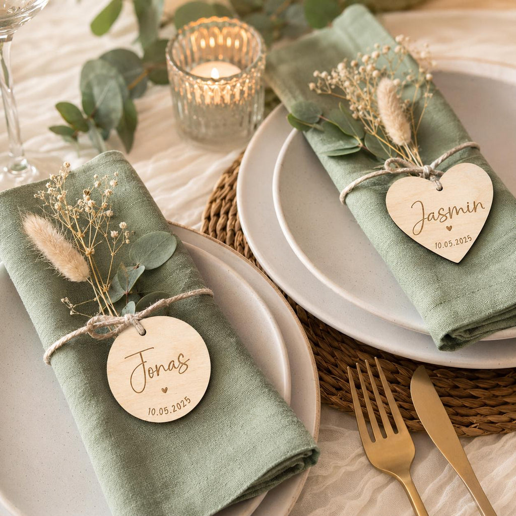 Holzanhänger personalisiert graviert | Platzkarten Hochzeit Holz rund & Herz 5 cm | Namensanhänger Tischkarten | Gastgeschenk Anhänger