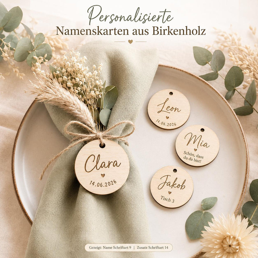 Holzanhänger personalisiert graviert | Platzkarten Hochzeit Holz rund & Herz 5 cm | Namensanhänger Tischkarten | Gastgeschenk Anhänger