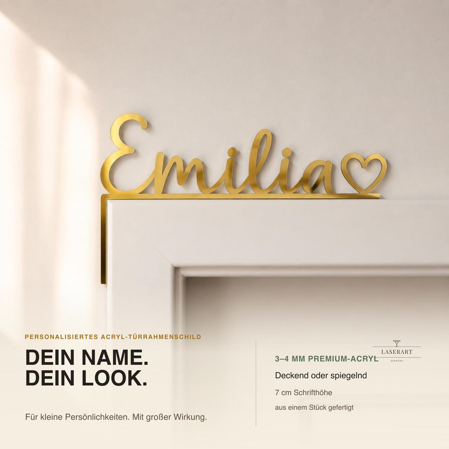 Personalisiertes Namensschild Emilia für den Türrahmen aus Spiegel-Gold-Acryl mit Herz, Kinderzimmer Deko ohne Bohren
