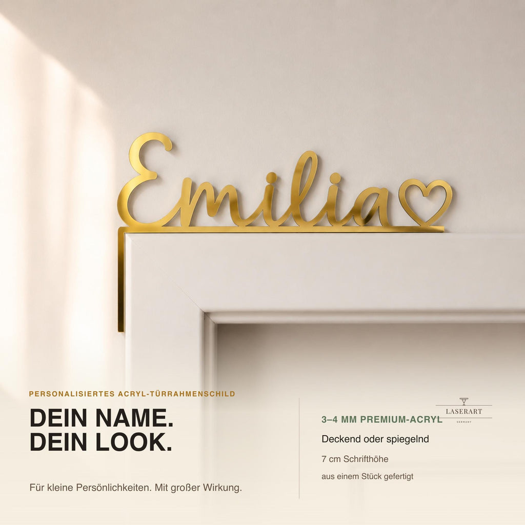 Personalisiertes Namensschild Emilia für den Türrahmen aus Spiegel-Gold-Acryl mit Herz, Kinderzimmer Deko ohne Bohren