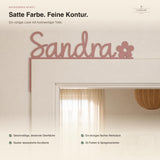 Namensschild Sandra in Rosa-Acryl für den Türrahmen mit Blumen-Symbol, deckende Oberfläche