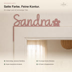 Namensschild Sandra in Rosa-Acryl für den Türrahmen mit Blumen-Symbol, deckende Oberfläche