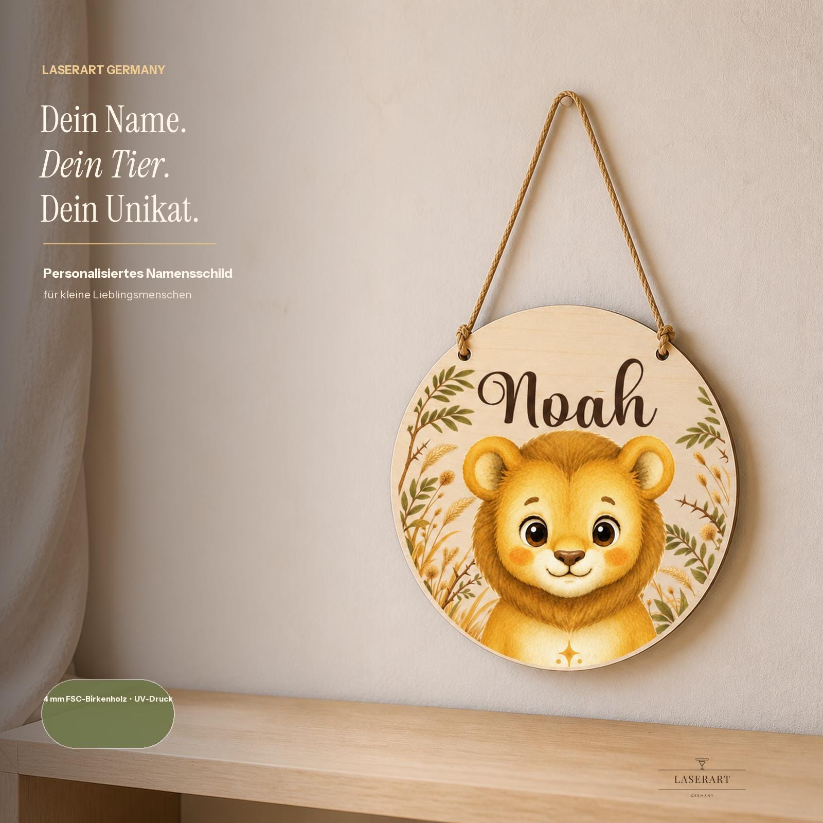 Rundes Namensschild Birkenholz mit Name Noah und Löwenmotiv, personalisiertes Türschild Kinderzimmer