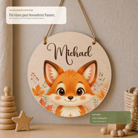 Rundes Namensschild Birkenholz mit Name Michael und Fuchsmotiv, personalisiertes Türschild Kinderzimmer