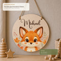 Rundes Namensschild Birkenholz mit Name Michael und Fuchsmotiv, personalisiertes Türschild Kinderzimmer