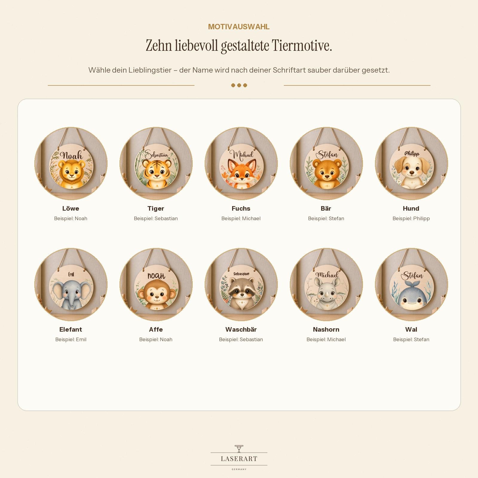Motivauswahl personalisiertes Namensschild Junge, 10 Tiermotive: Löwe, Tiger, Fuchs, Bär, Hund, Elefant, Affe, Waschbär, Nashorn, Wal