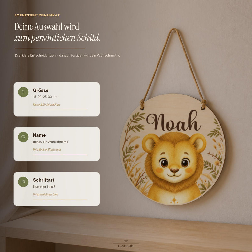 Bestellvorgang personalisiertes Namensschild Junge in vier Schritten: Größe, Name, Schriftart, Sonderwunsch