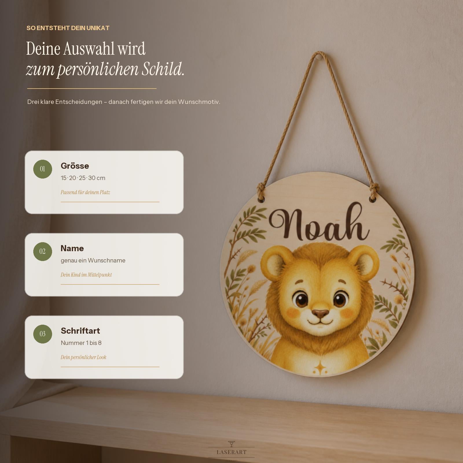 Bestellvorgang personalisiertes Namensschild Junge in vier Schritten: Größe, Name, Schriftart, Sonderwunsch