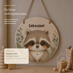 Rundes Namensschild Birkenholz mit Name Sebastian und Tigermotiv, Wanddeko Kinderzimmer