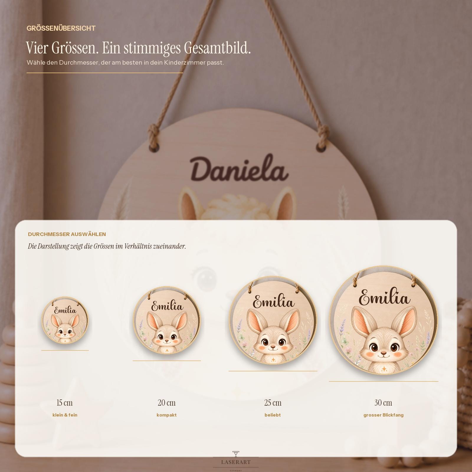 Rundes Namensschild Birkenholz mit Name Stefanie und Rehmotiv, Wanddeko Kinderzimmer