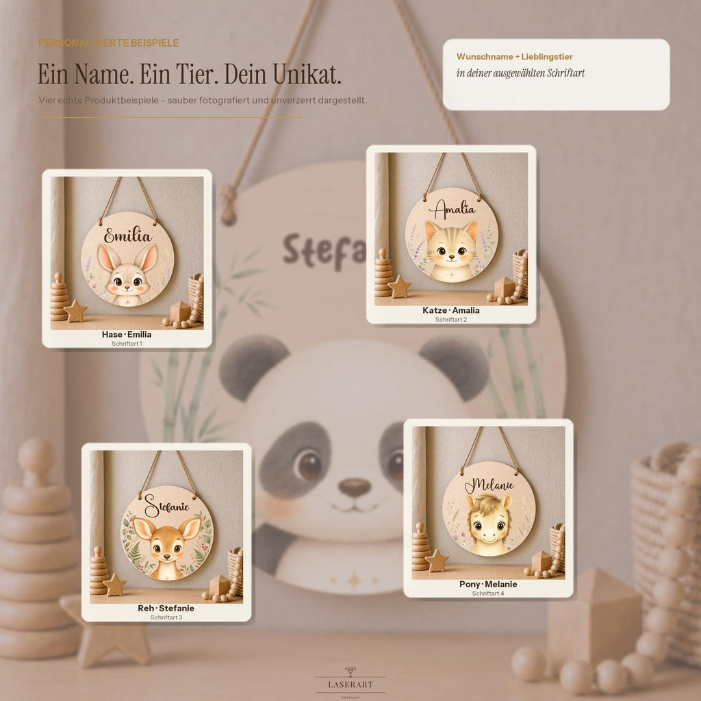Rundes Namensschild Birkenholz mit Name Melanie und Ponymotiv, personalisiertes Geschenk Geburt