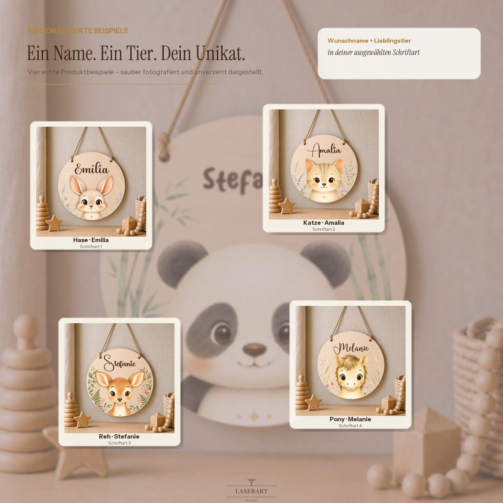 Rundes Namensschild Birkenholz mit Name Melanie und Ponymotiv, personalisiertes Geschenk Geburt