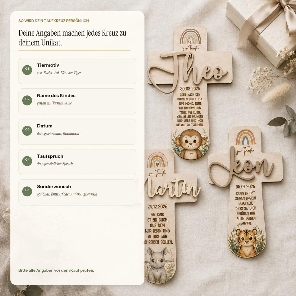 Taufkreuz personalisiert mit 3D Name | Taufgeschenk Holz Tiermotiv & Taufspruch | Geschenk Patenkind Taufe