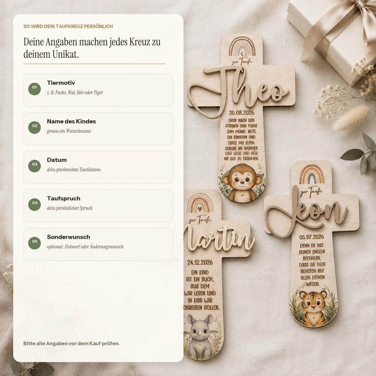 Taufkreuz personalisiert mit 3D Name | Taufgeschenk Holz Tiermotiv & Taufspruch | Geschenk Patenkind Taufe
