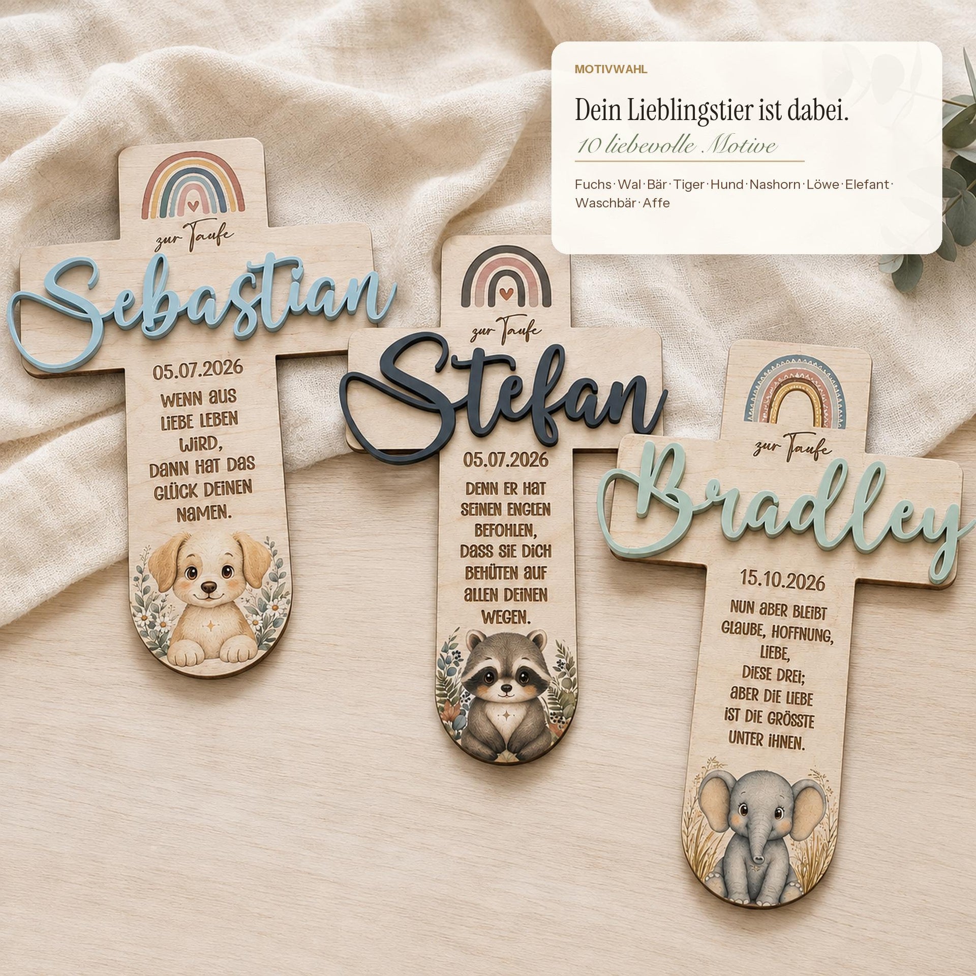 Taufkreuz personalisiert mit 3D Name | Taufgeschenk Holz Tiermotiv & Taufspruch | Geschenk Patenkind Taufe