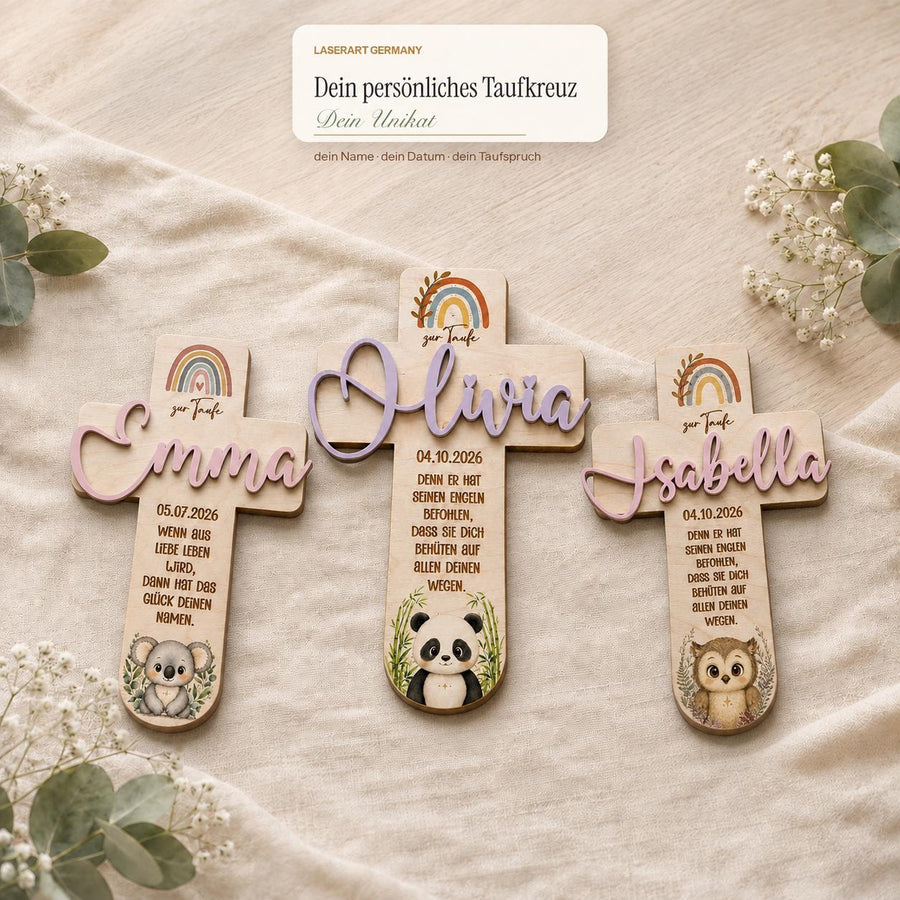 Taufkreuz personalisiert mit 3D-Name – Vorschau Emma mit Koala, Olivia mit Panda und Isabella mit Eule, LaserArt Germany Unikat
