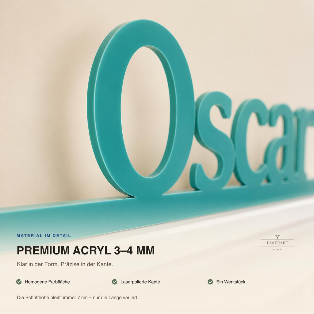 Namensschild Oscar in Türkis-Acryl für den Türrahmen, Nahaufnahme homogene Farbfläche, Premium-Acryl 3-4mm