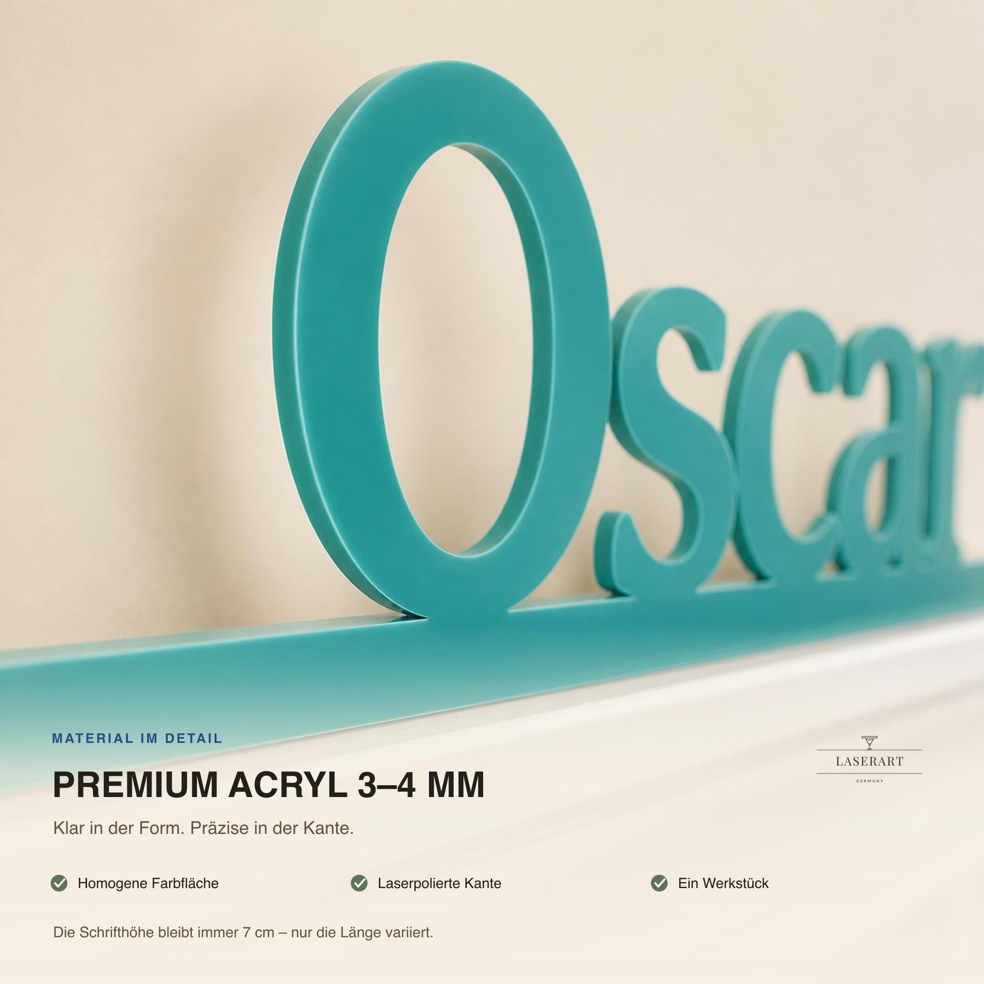 Namensschild Oscar in Türkis-Acryl für den Türrahmen, Nahaufnahme homogene Farbfläche, Premium-Acryl 3-4mm
