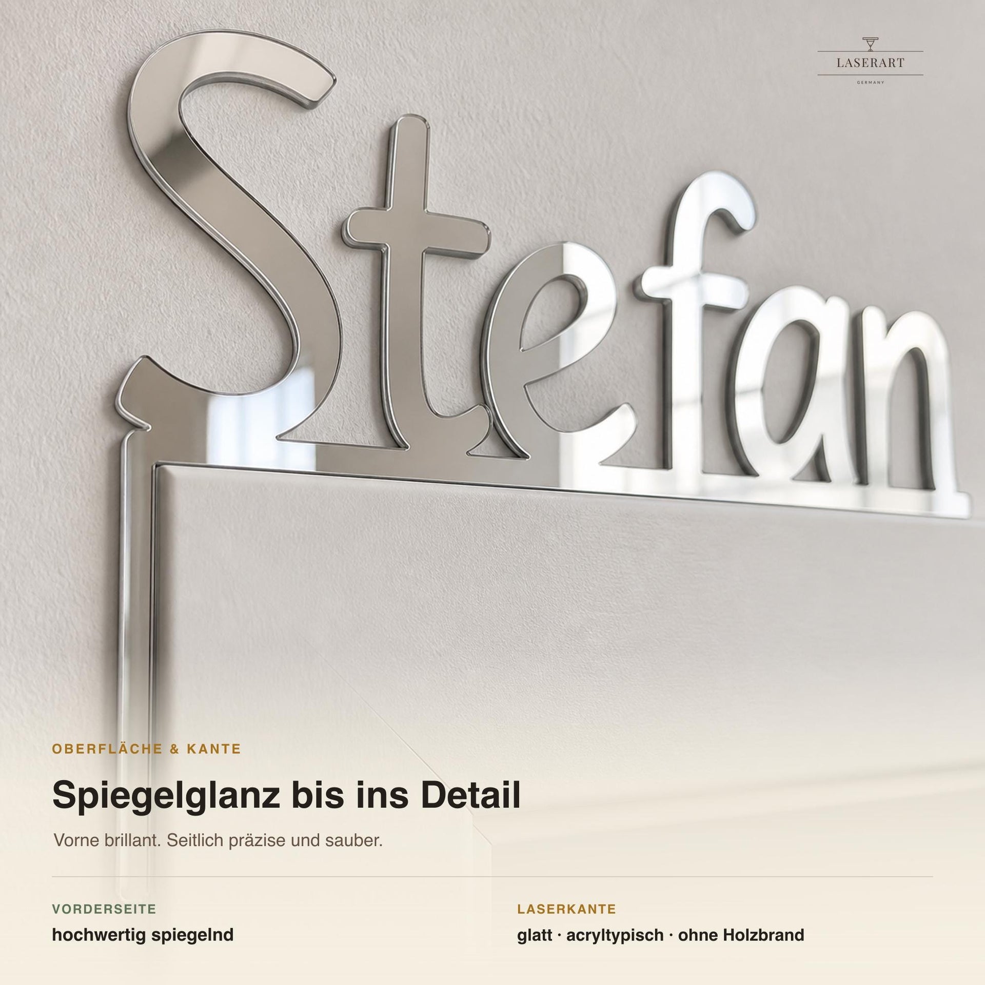 Namensschild Stefan in Spiegel-Silber-Acryl für den Türrahmen, Nahaufnahme Spiegelglanz und laserpolierte Kante