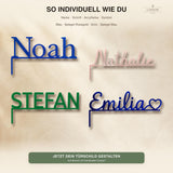 Vier Namensschilder Noah, Nathalie, Stefan und Emilia am Türrahmen, personalisierbare Acrylfarben und Symbole