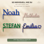 Vier Namensschilder Noah, Nathalie, Stefan und Emilia am Türrahmen, personalisierbare Acrylfarben und Symbole