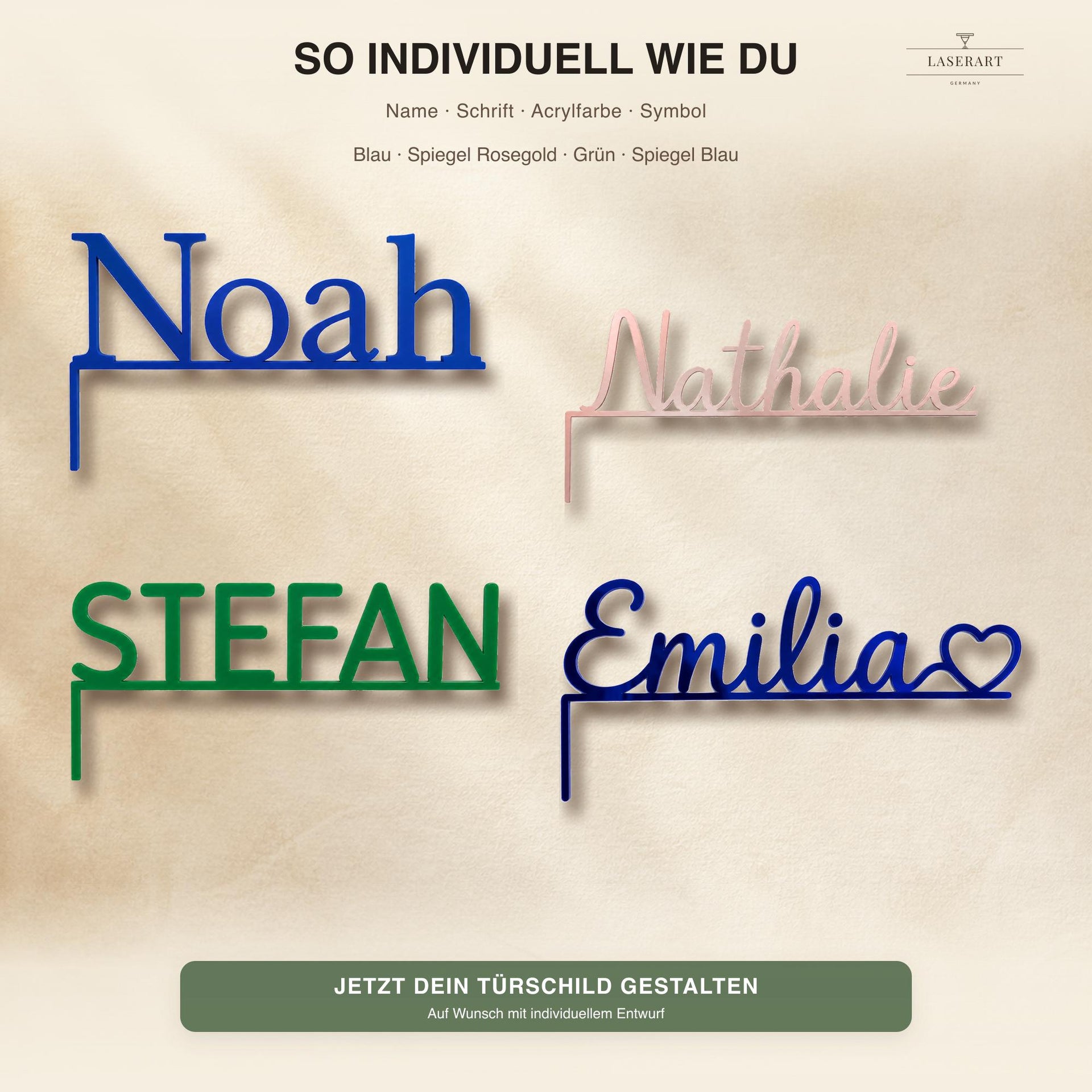 Vier Namensschilder Noah, Nathalie, Stefan und Emilia am Türrahmen, personalisierbare Acrylfarben und Symbole