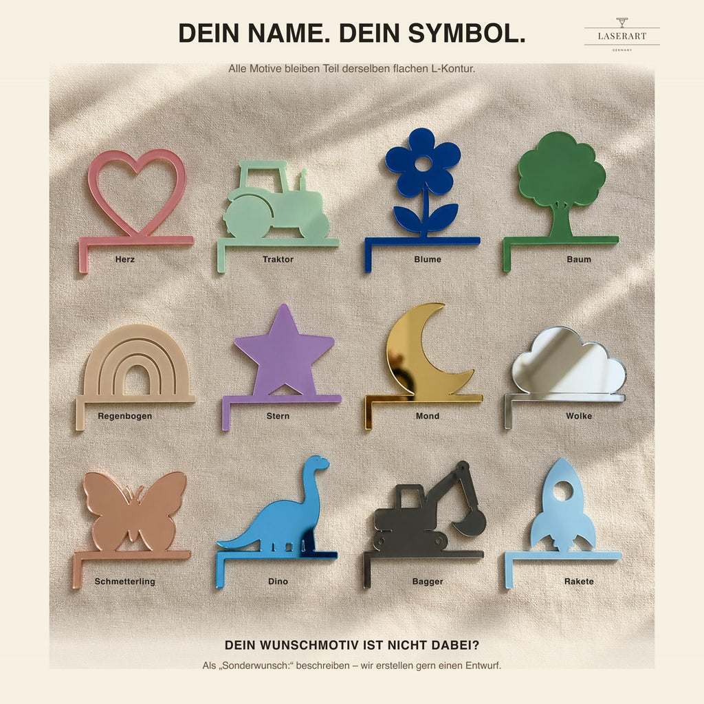 Zwölf Symbol-Varianten für Namensschild Türrahmen: Herz, Traktor, Blume, Baum, Regenbogen, Stern, Mond, Wolke, Schmetterling, Dino, Bagger, Rakete