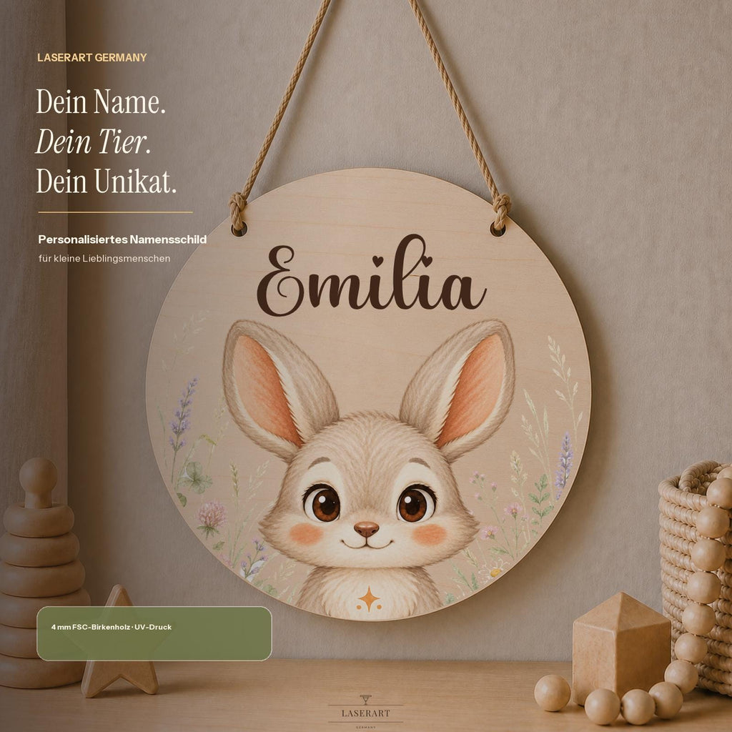 Rundes Namensschild Birkenholz mit Name Daniela und Alpakamotiv, personalisiertes Türschild Kinderzimmer