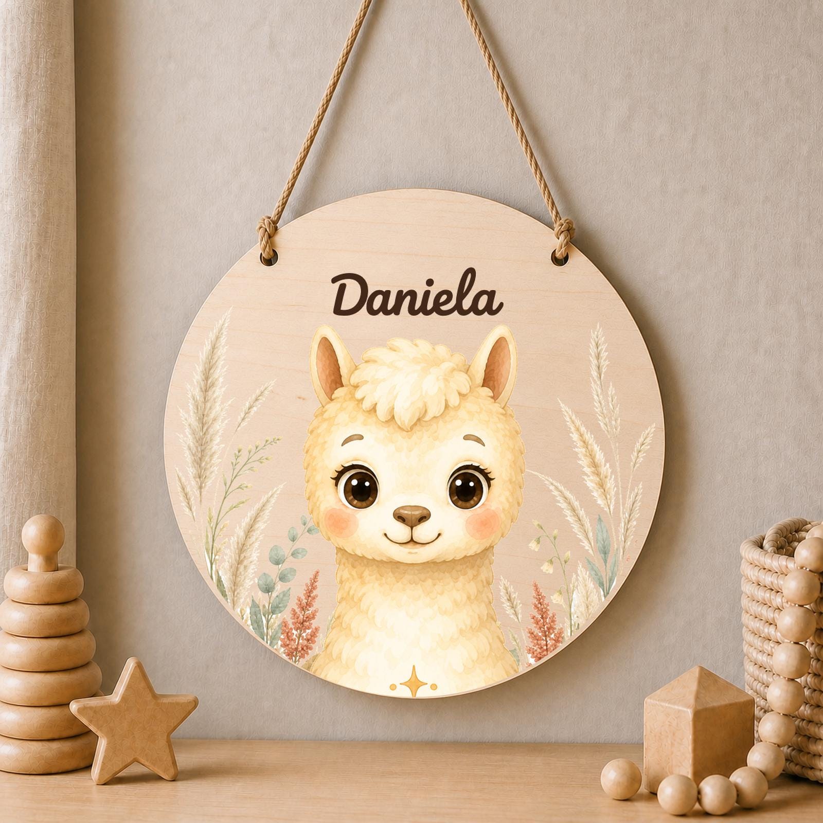 Rundes Namensschild Birkenholz mit Name Emilia und Hasenmotiv, Bestellschritte Größe Name Schriftart
