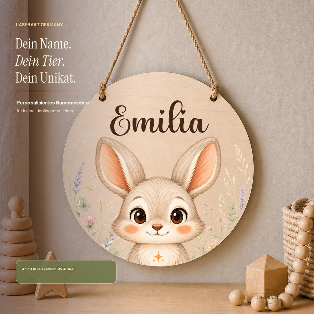 Rundes Namensschild Birkenholz mit Name Emilia und Hasenmotiv, personalisiertes Geschenk Kinderzimmer