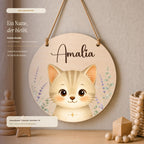 Rundes Namensschild Birkenholz mit Name Amalia und Katzenmotiv, personalisiertes Türschild Kinderzimmer
