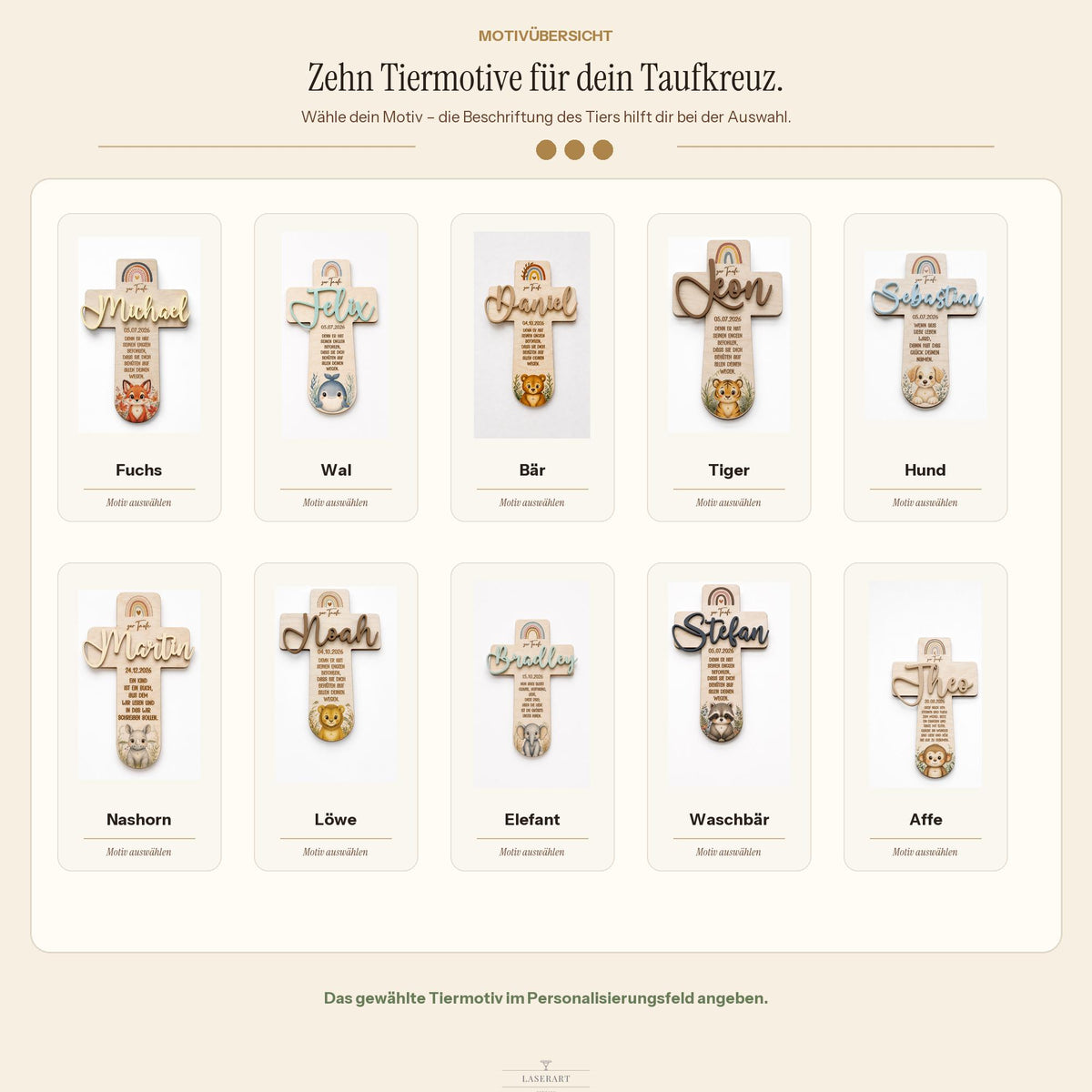 Taufkreuz personalisiert mit 3D Name | Taufgeschenk Holz Tiermotiv & Taufspruch | Geschenk Patenkind Taufe