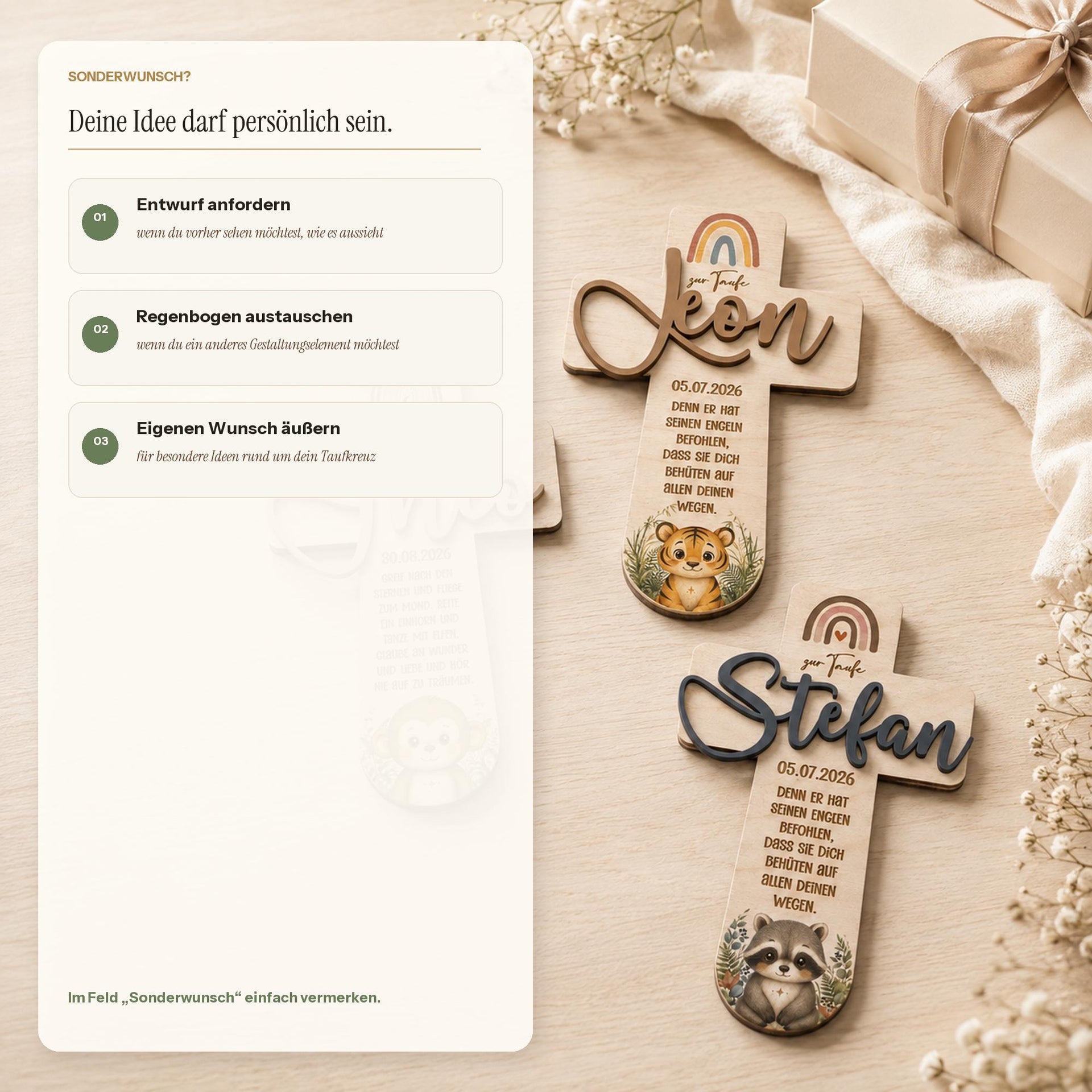 Taufkreuz personalisiert mit 3D Name | Taufgeschenk Holz Tiermotiv & Taufspruch | Geschenk Patenkind Taufe