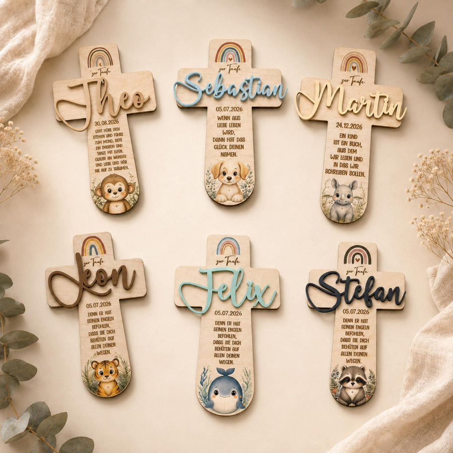 Taufkreuz personalisiert mit 3D Name | Taufgeschenk Holz Tiermotiv & Taufspruch | Geschenk Patenkind Taufe