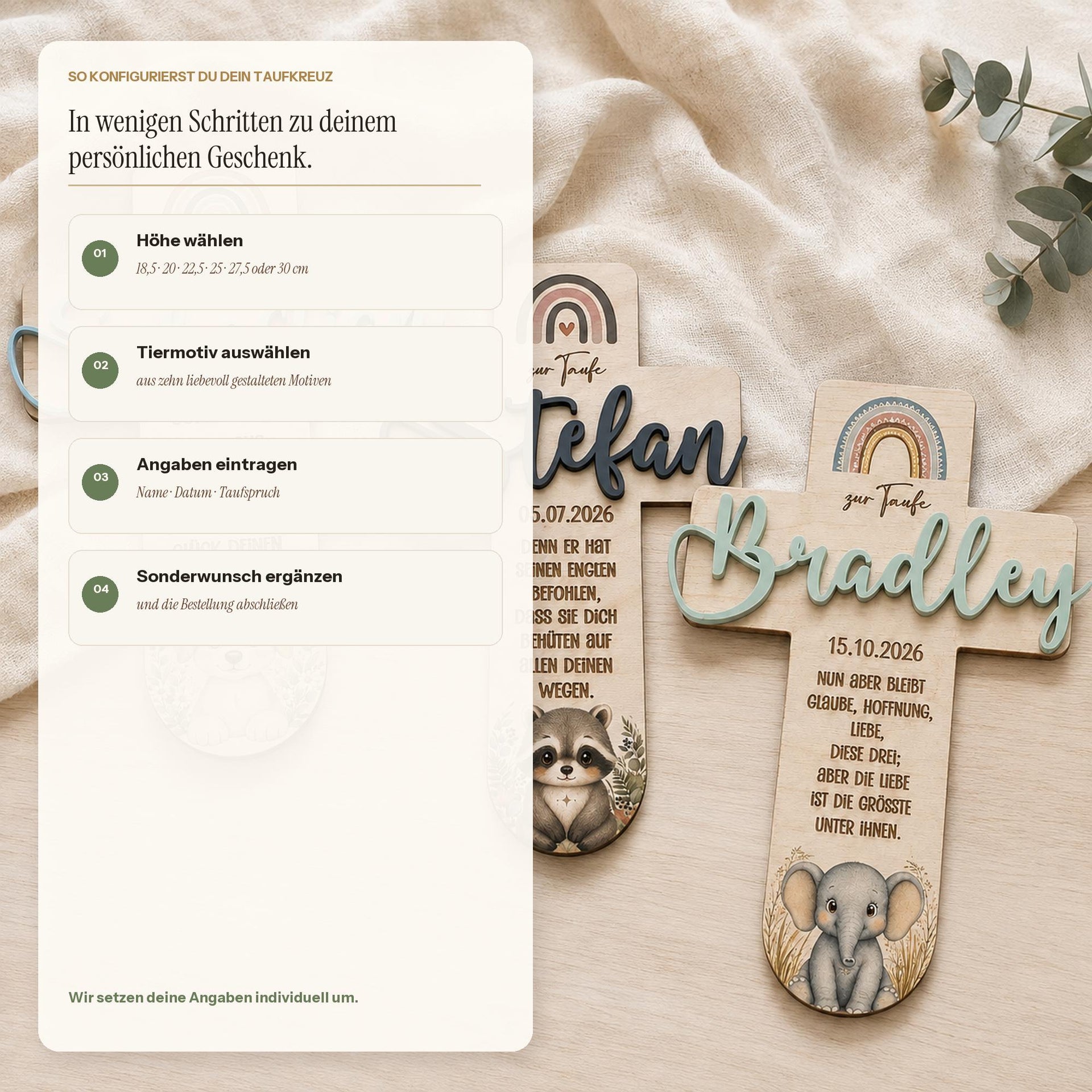 Taufkreuz personalisiert mit 3D Name | Taufgeschenk Holz Tiermotiv & Taufspruch | Geschenk Patenkind Taufe