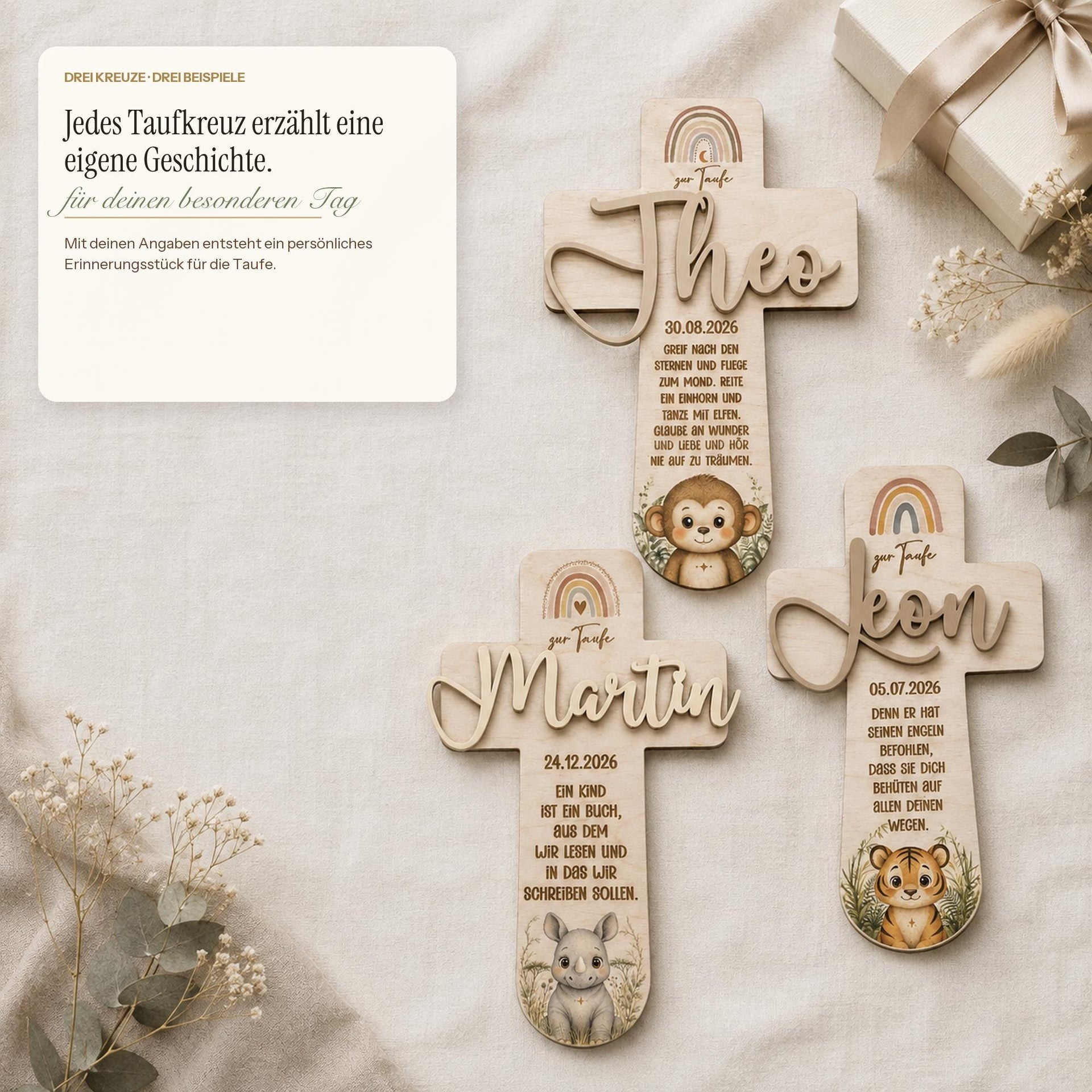 Taufkreuz personalisiert mit 3D Name | Taufgeschenk Holz Tiermotiv & Taufspruch | Geschenk Patenkind Taufe