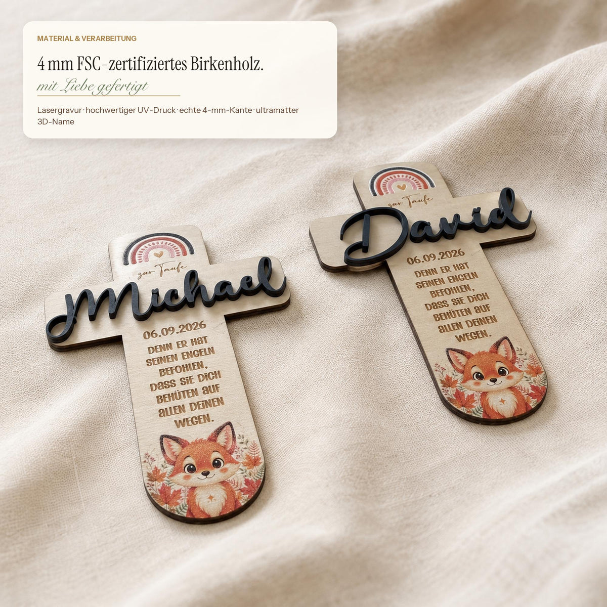 Taufkreuz personalisiert mit 3D Name | Taufgeschenk Holz Tiermotiv & Taufspruch | Geschenk Patenkind Taufe