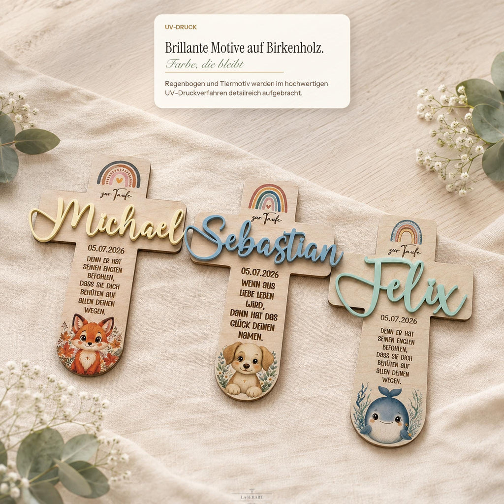 Taufkreuz personalisiert mit 3D Name | Taufgeschenk Holz Tiermotiv & Taufspruch | Geschenk Patenkind Taufe