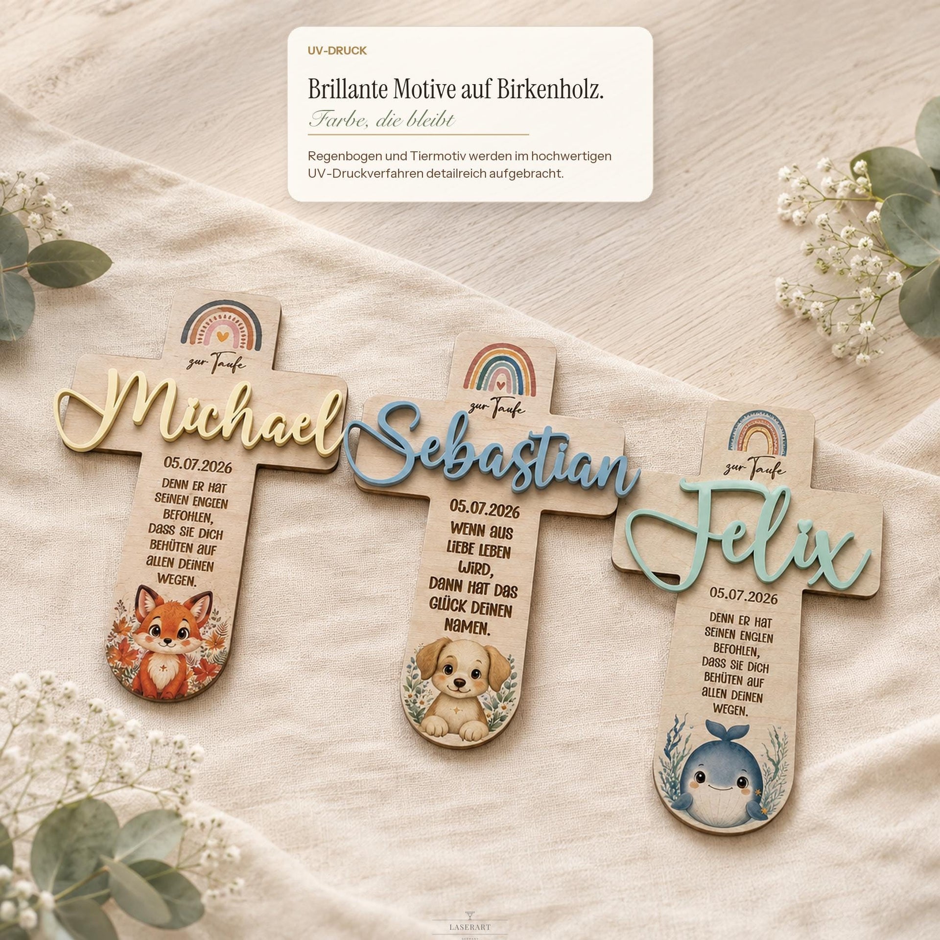 Taufkreuz personalisiert mit 3D Name | Taufgeschenk Holz Tiermotiv & Taufspruch | Geschenk Patenkind Taufe