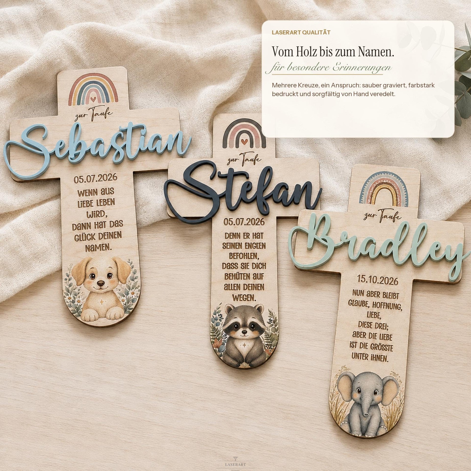 Taufkreuz personalisiert mit 3D Name | Taufgeschenk Holz Tiermotiv & Taufspruch | Geschenk Patenkind Taufe