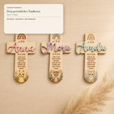 Personalisiertes Taufkreuz mit 3D-Name – Tiermotive Katze und Reh, Regenbogen und Taufspruch aus Birkenholz
