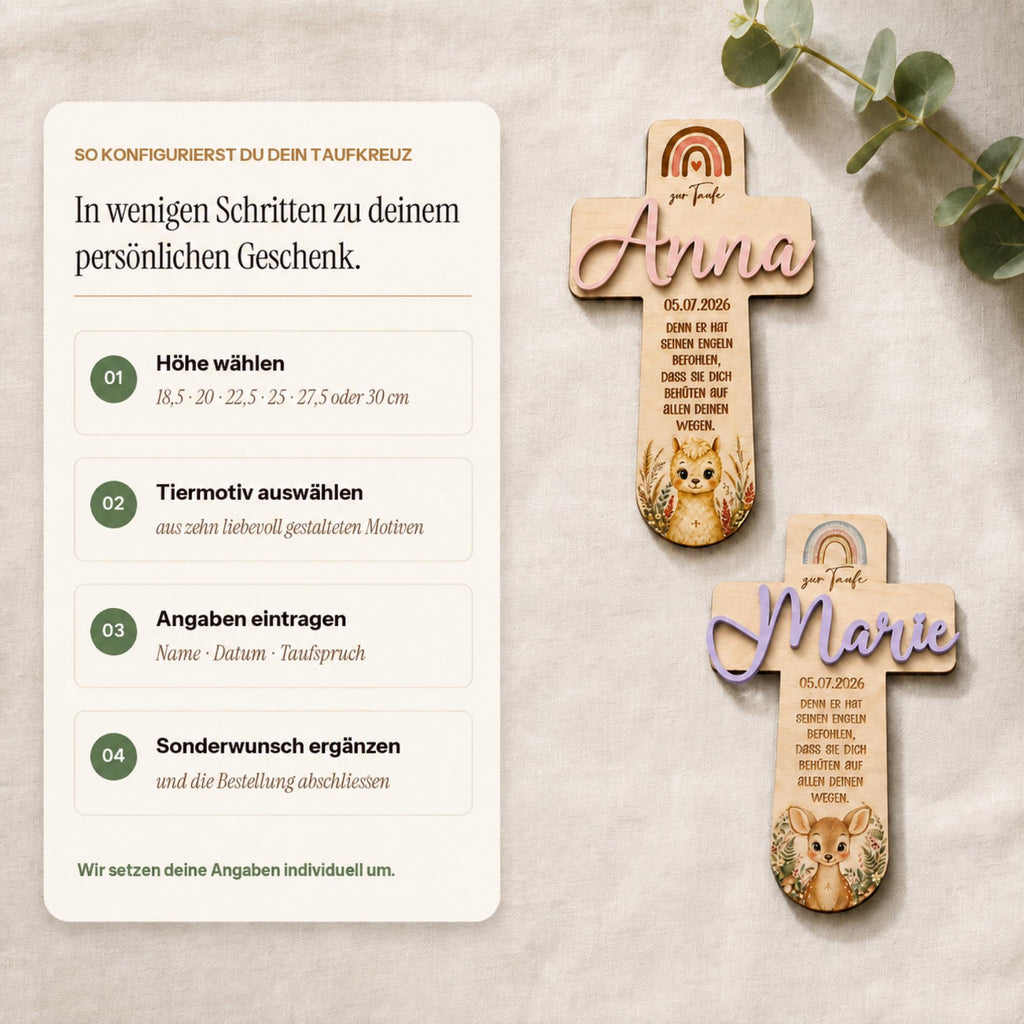 So konfigurierst du dein Taufkreuz – vier Schritte: Höhe wählen, Tiermotiv auswählen, Angaben eintragen, Sonderwunsch ergänzen