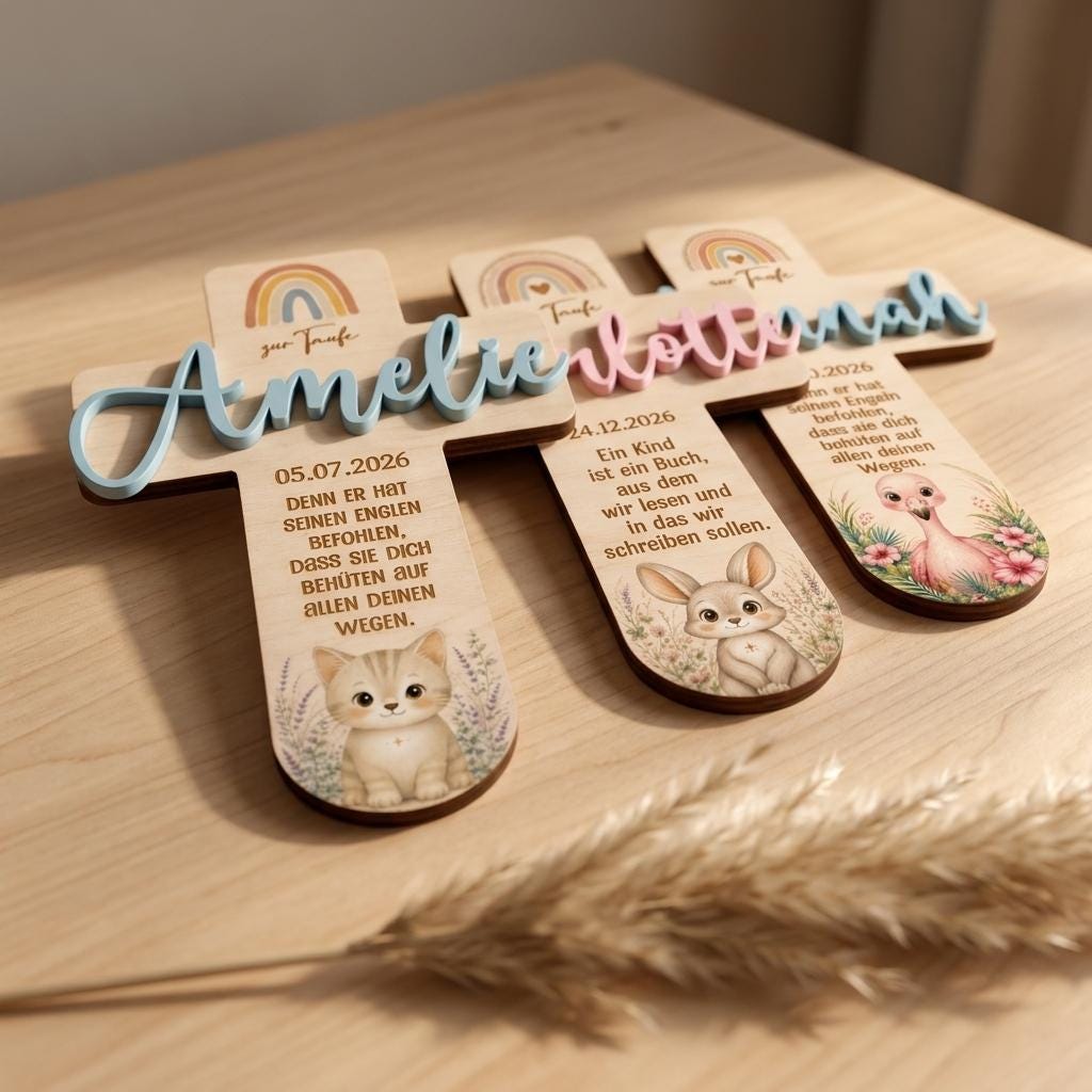 Taufkreuz mit 3D-Name auf Holztisch – Tiermotive Katze, Hase und Flamingo, individuell gravierter Taufspruch