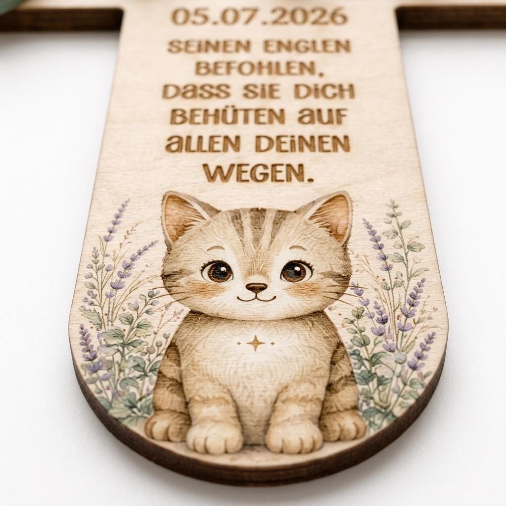 Taufkreuz Nahaufnahme – Lasergravur mit Datum und Taufspruch, Tiermotiv Alpaka am unteren Kreuzende