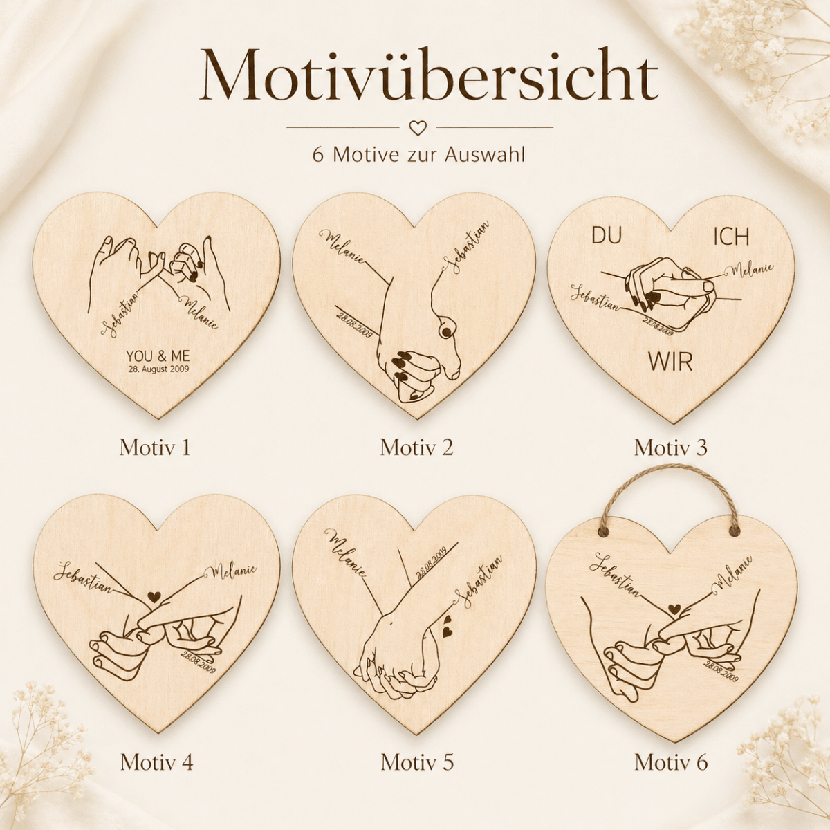 Motivübersicht: sechs Hand-in-Hand-Motive zur Auswahl