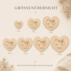 Größenübersicht des Holzherzens von 15 bis 45 cm
