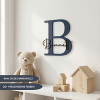 Türschild Kinderzimmer aus Holz mit Buchstabe B und Name Bennett in Dunkelblau