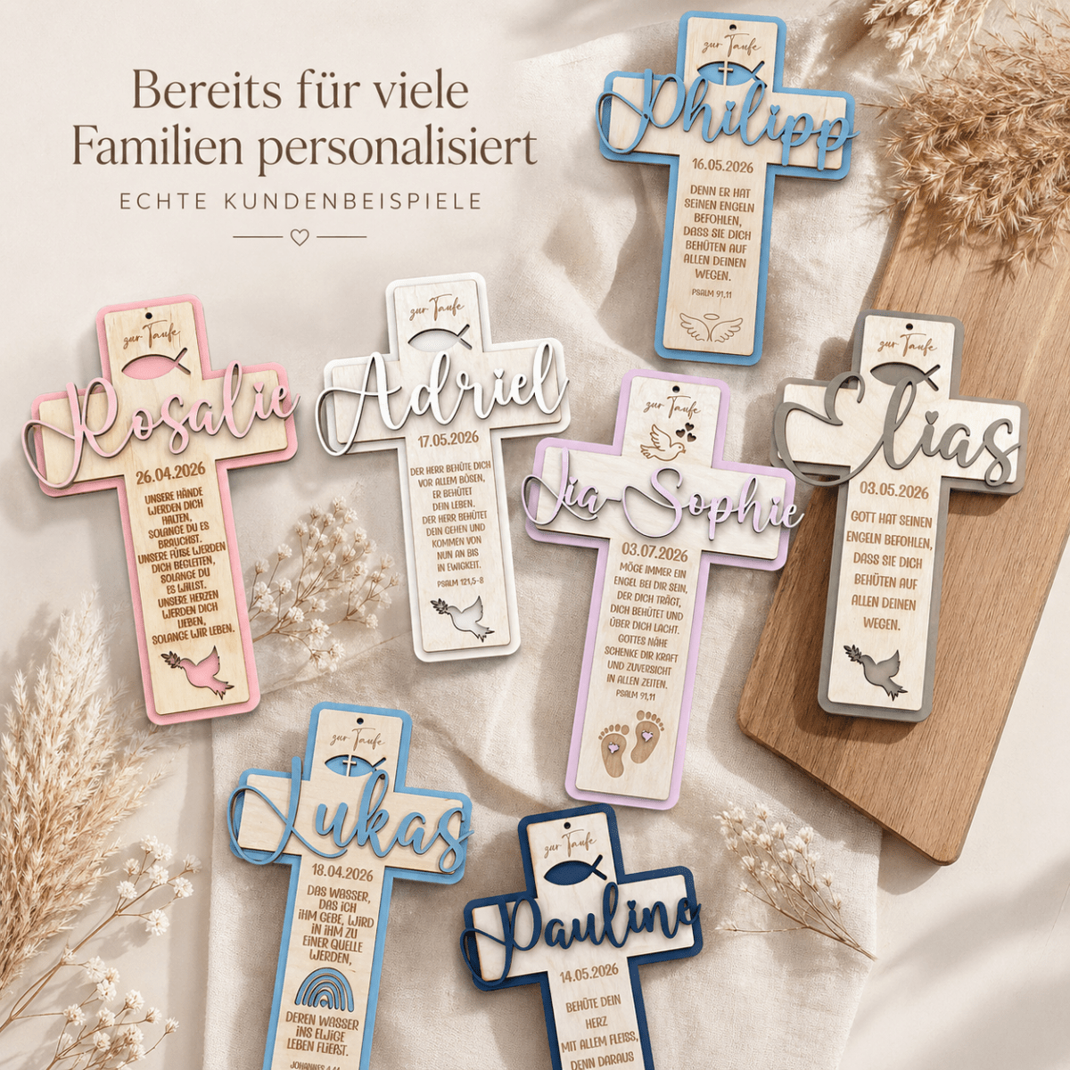 Kommunionkreuz aus Holz personalisiert – Frontalansicht mit graviertem Namen